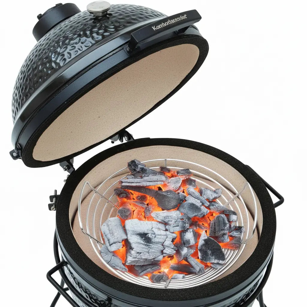 Angled kamado with burning charcoal