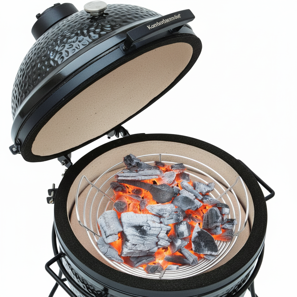 Angled kamado with burning charcoal