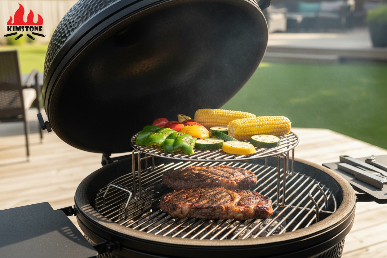 Kamado Grill with Attached Open Lid, Steak and Vegetables in Backyard